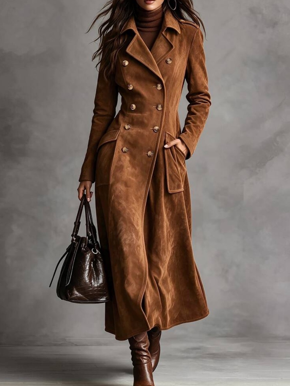Fall Winter Women Brown Suede Long Trench Coat, Lapel Double Breasted Slim